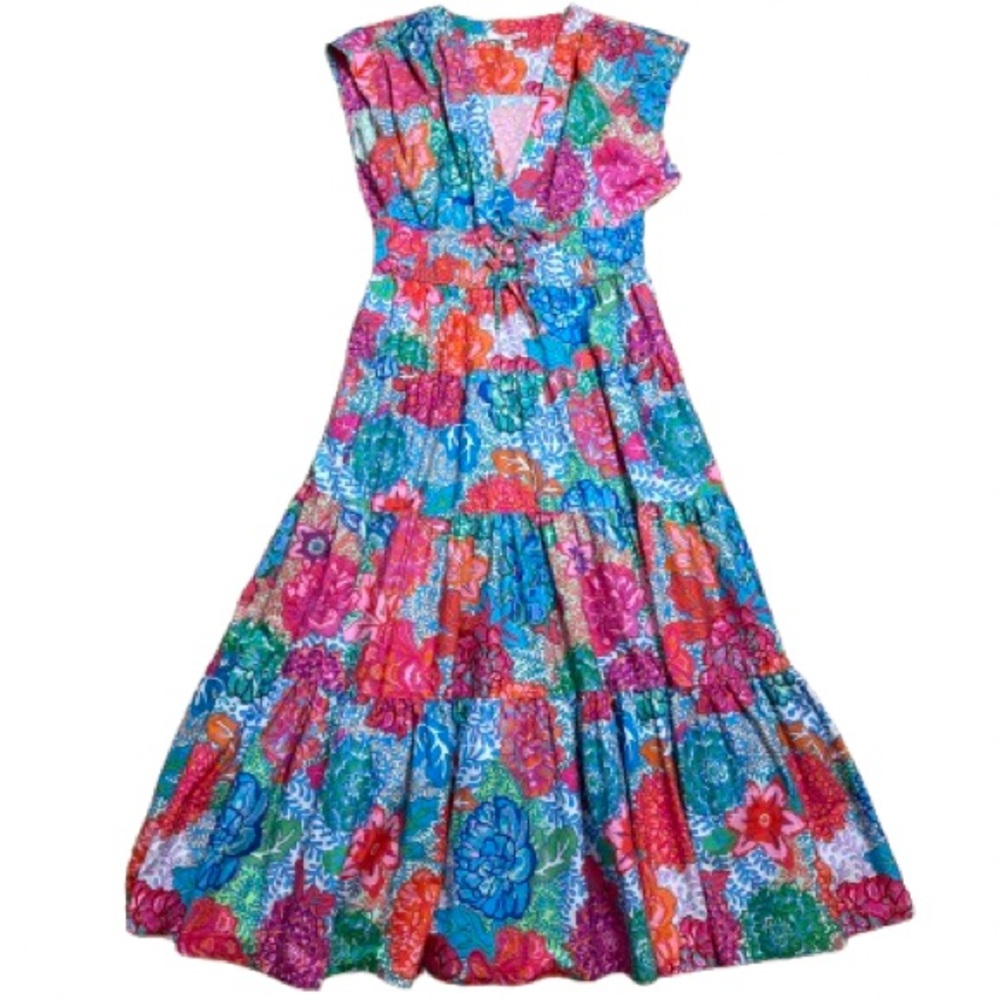 10 Crosby Derek Lam Fatima Tiered Floral A-Line Dress Euphorbia Multi Vibrant 14